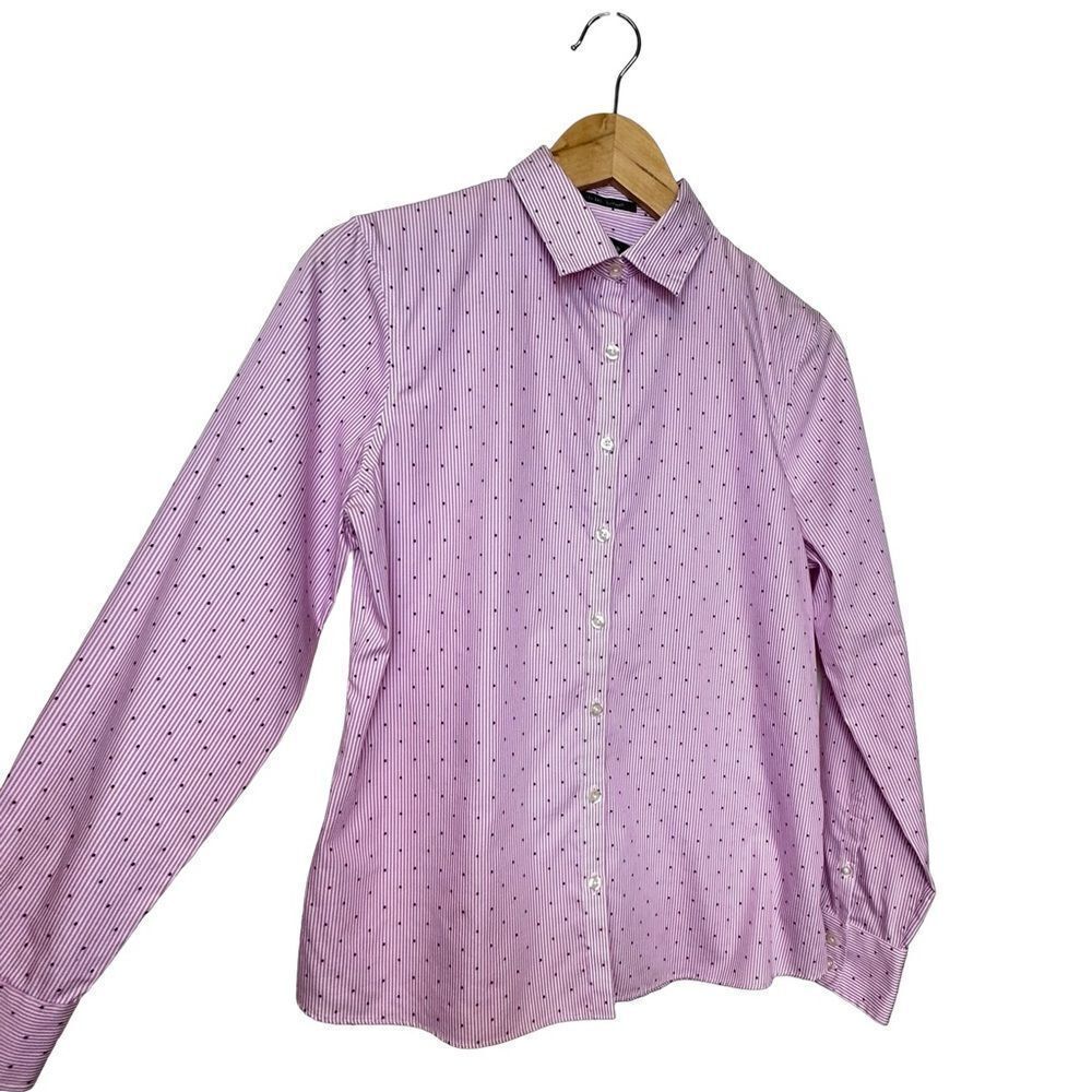 LANDS’ END Pink White Pinstripe Swiss Dot Supima Button Front Shirt Size 6